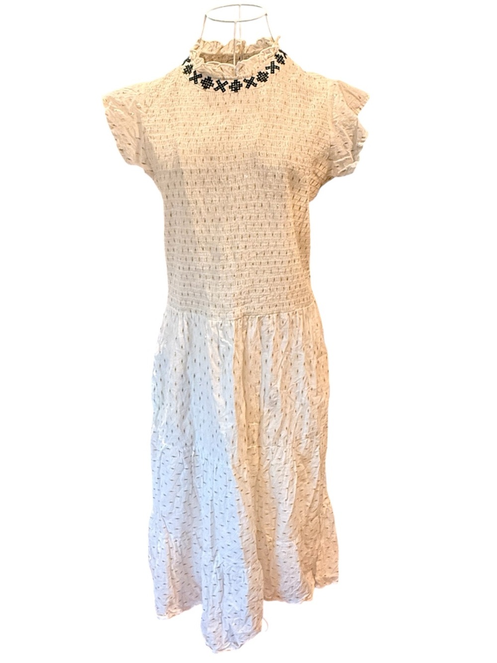 Pomegranate Cotton Midi Dress Smocked White Gold Metallic Embroidered Size M